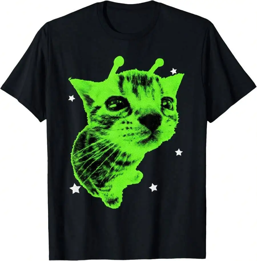 Alien Meme Retro Silly Cat Vintage Space Kitty Funny T-Shirt 100% Cotton Trendy Y2K Short-Sleeve Tee-Soft, Quick-Drying,