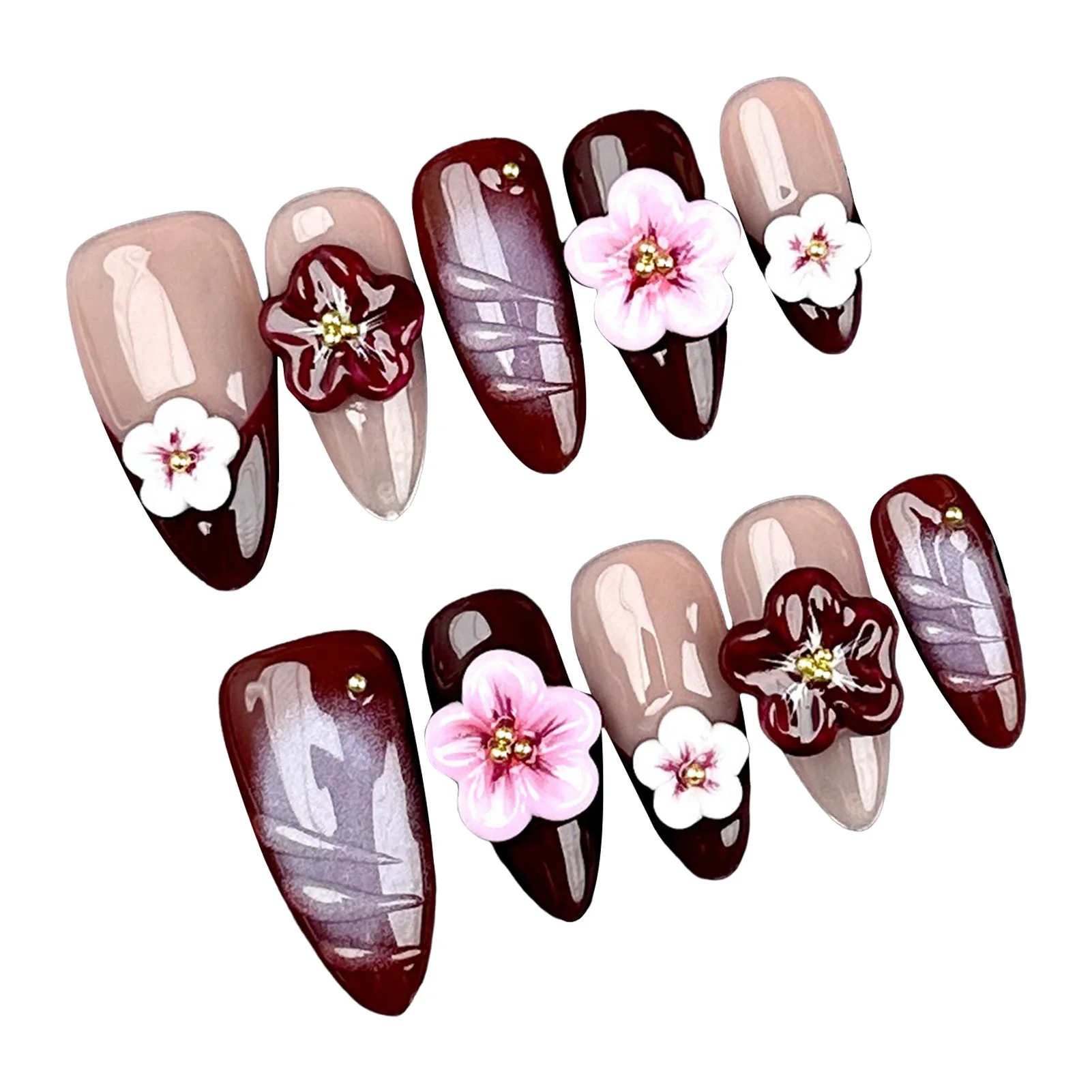 Faux ongles en amande brillant, avec fleur 3D, faits à la main, à pression française, perles dorées, Design vin rouge, à porter, 10 pièces
