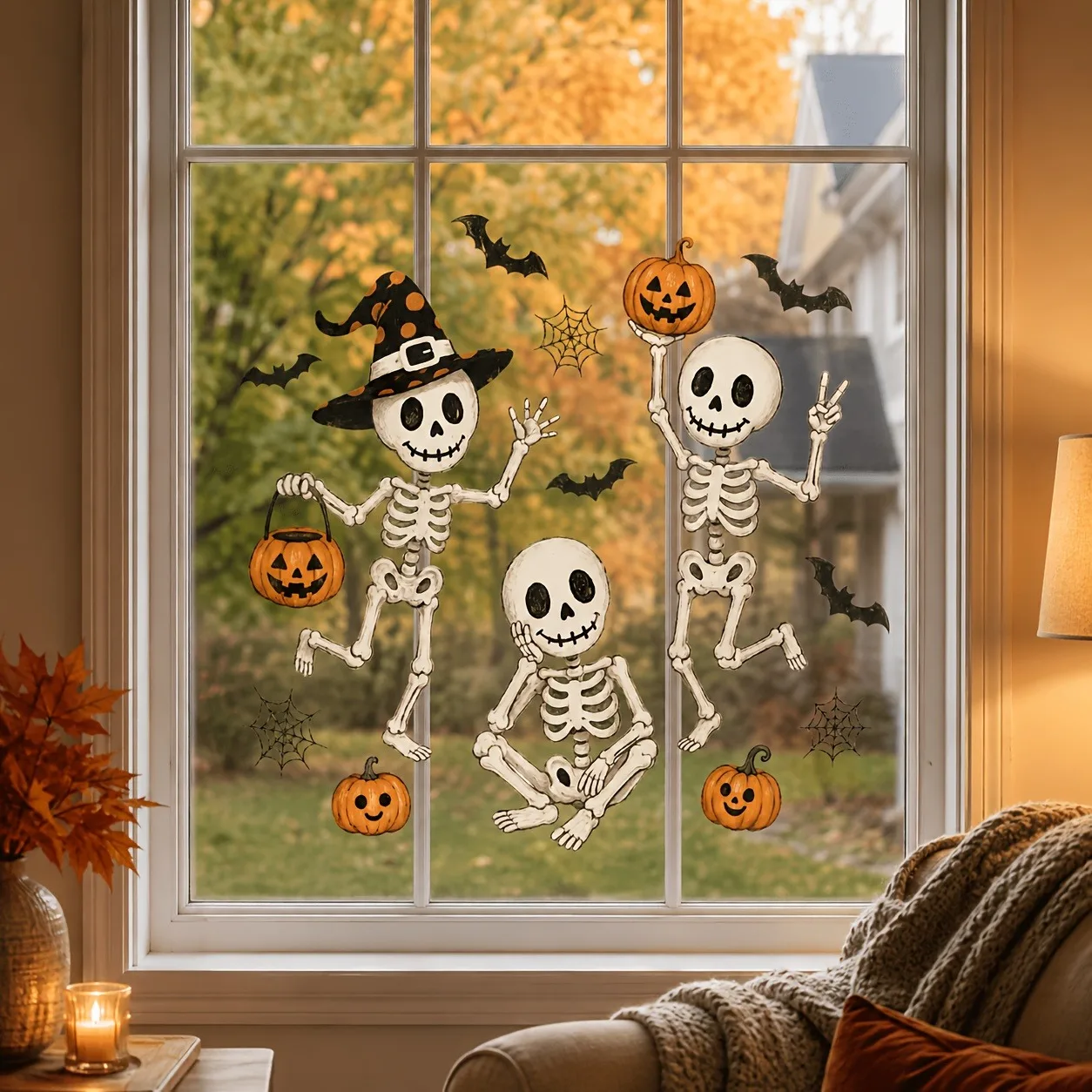 Halloween Skeleton Pumpkin holiday window sticker, 2D print, bat spider web, send a holiday sticker for indoor/outdoor Windows