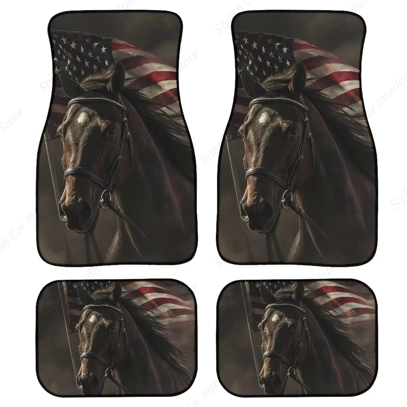 

4pc Heavy-Duty Front & Rear Floor Mats for Men Women Horse American Flag Car SUV Van & Truck - All Weather Protection Universal