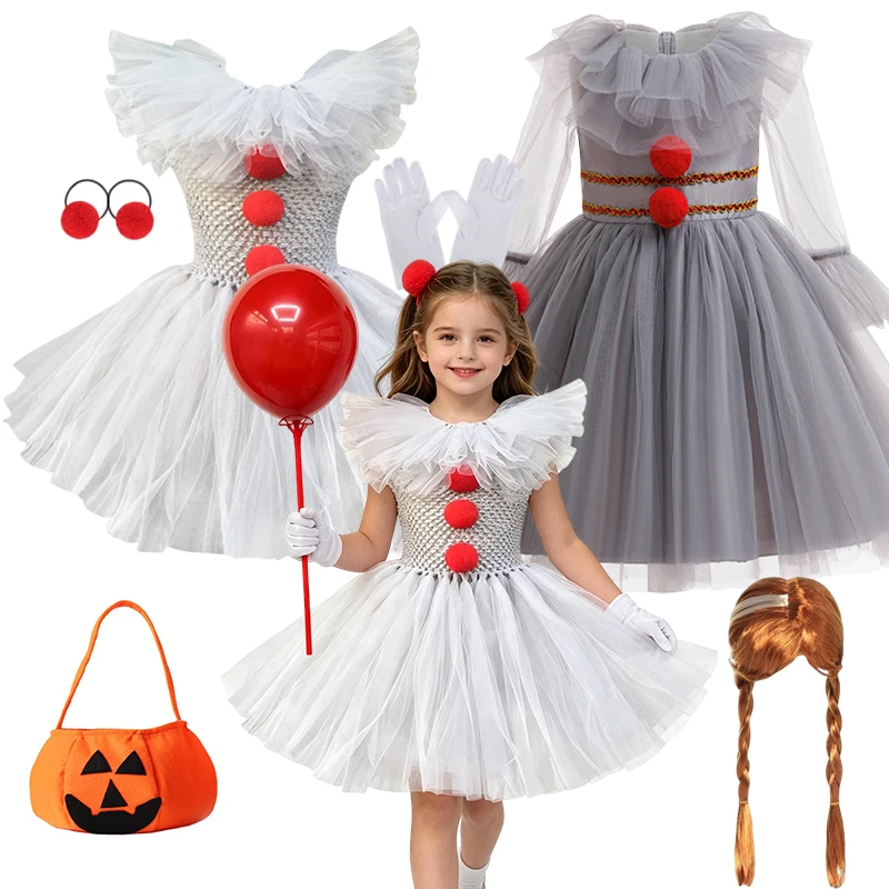 Girls Scary Clown Cosplay Dress Kids Evil Terrifying Halloween Outfit with Matching Accessories for Trick or Treat Events