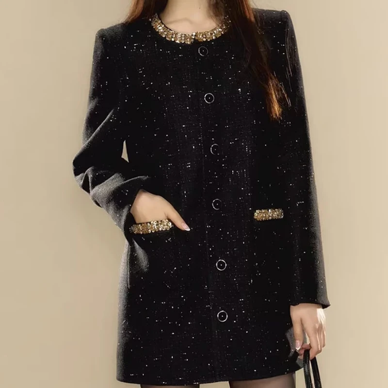 Heavy-duty diamond-encrusted long sleeve small fragrance thousand gold style tweed with cotton padded overcoat coat