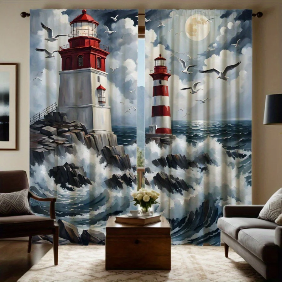 

2pcs Lighthouse and Wave Sheer Blackout Curtains – Rod Pocket Design for Living Room or Bedroom Use