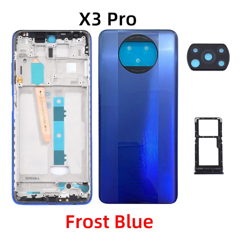 For Xiaomi Poco X3 , X3 Pro , X3 NFC Back Cover + LCD Front Frame + Side Button + Camera Glass Lens + Sim Tray Parts