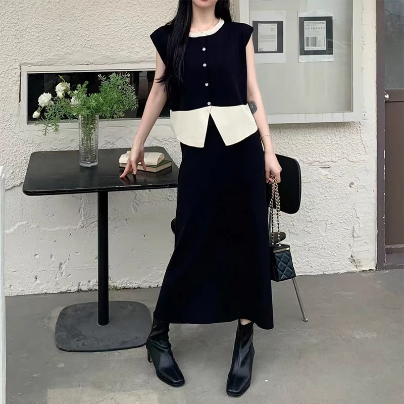 HELIAR Women Elegant Office Two Piece Sets Buttons Up Sleeveless Tops and Elastic High Waist Split Skirts Outfits Knitted Suit