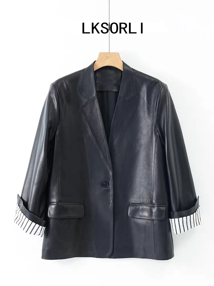 Abito in pelle cerata a olio per donna 2025 Cappotto invernale in vera pelle di pecora nera Giacca con tasca ribalta divisa sul retro Blazer Feminino