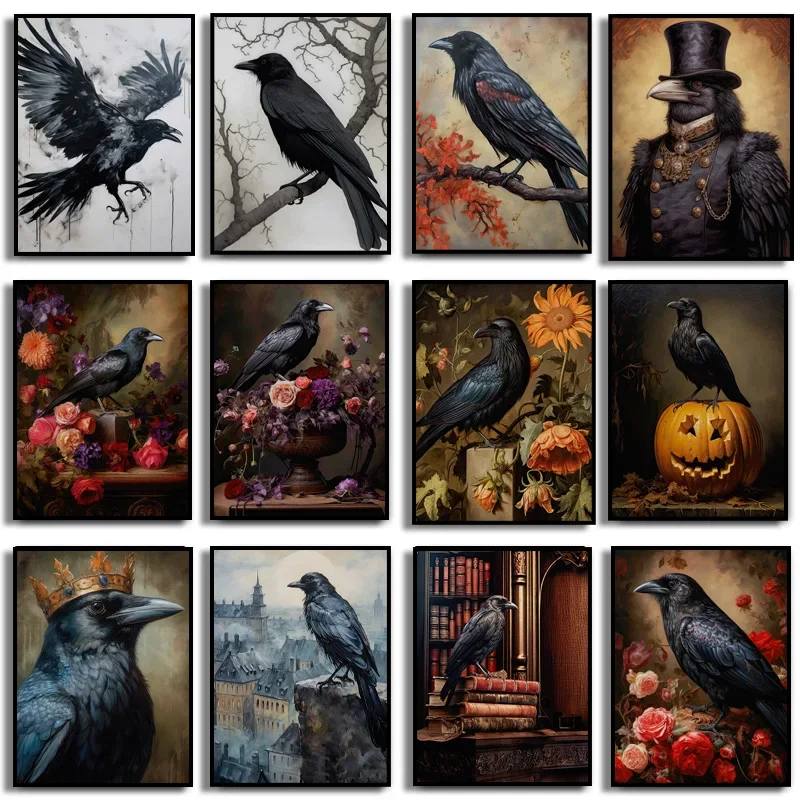 Dark Gothic Style Raven Flower Pumpkin Witchy Crow Art Poster Canvas Painting Wall Art Print Picture for Living Room Home Decor