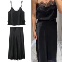 Faldas por debajo de la rodilla de satén de encaje, conjuntos de dos piezas para mujer, novedad de 2025, trajes elegantes con tirantes de encaje, trajes elegantes de satén para mujer de verano