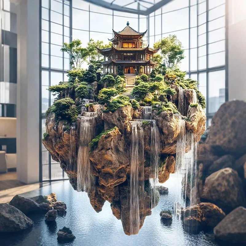 Landscape simulation large-scale hanging water rockery money temple landscape landscaping shopping mall hotel hanging device