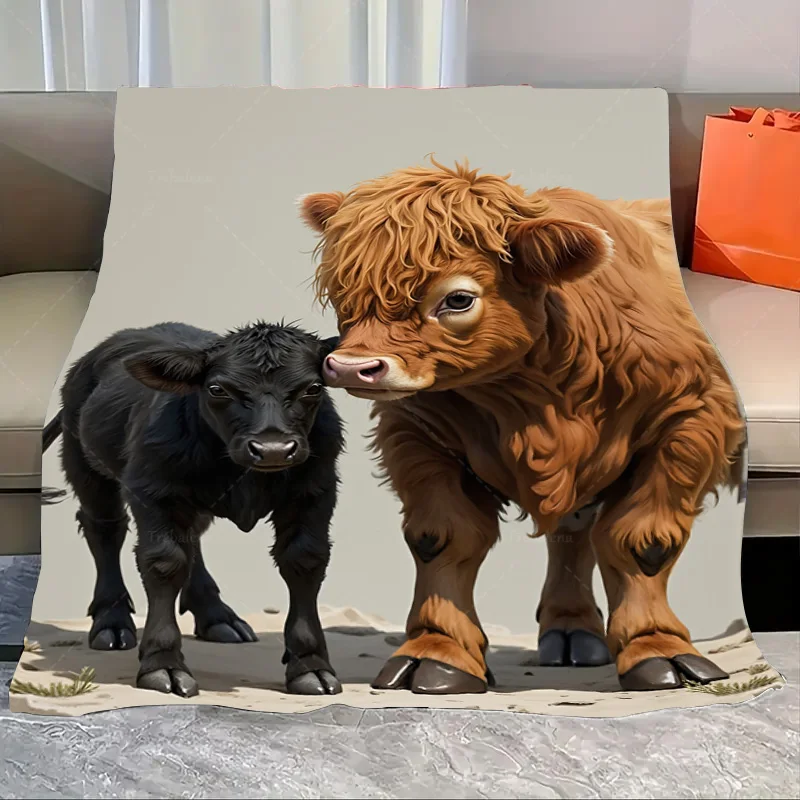 

1pc Flannel Blanket Cozy Highland Cow & Calf Print Blanket - Rustic Farmhouse Style Decor