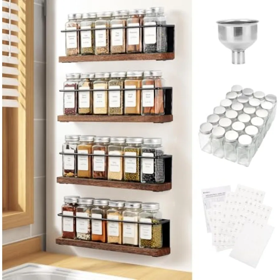 

Spice Rack with 24 Jars, 216 Labels, 1 Steel Funnel for Refrigerator Microwave Oven - Full Set of Spice Organizer
