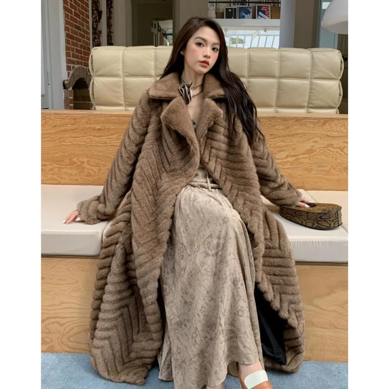 Winter Brown Embossing Wave Strip Pattern Faux Mink Fur Coat CHIC Women Bow Sashes Full Sleeve Loose Warm X-Long Outerwear