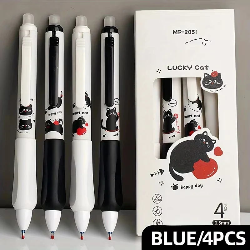1PCS 4-Pack Erasable Gel Pens Set 0.5mm Fine Point Blue/Black Ink Quick-Drying Smooth Cute Cat For Office School Journaling Test