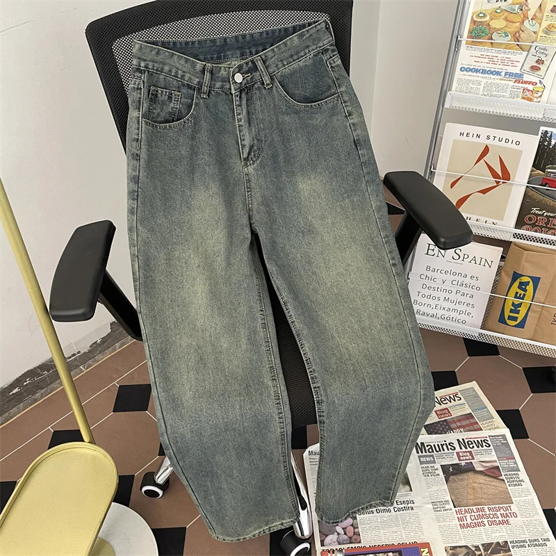 

Мужские джинсы в американском ретро-стиле, большие размеры, повседневные, свободного прямого кроя, весна-осень, модные, с эффектом потертости, в стиле High Street