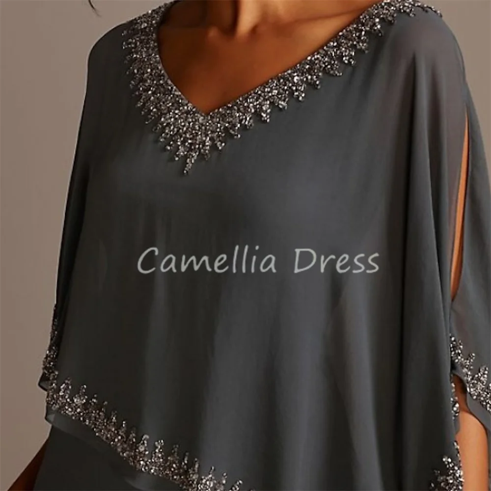 Elegante V-Neck Mãe do vestido da noiva, Meia manga Chiffon, A-Line com Beading, Vestidos Formais, Vestido masculino