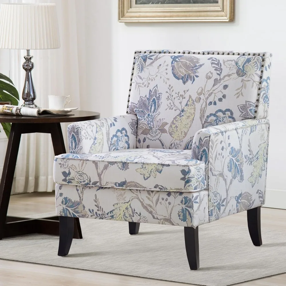 Soft padded living room chair with printed emphasis, capable of accommodating a 300 pound reading fabric sofa chair, living room