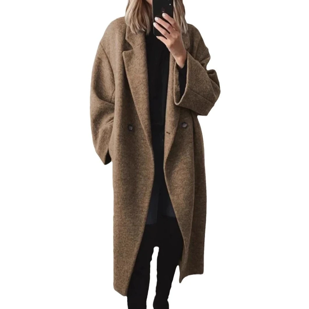 Neuer Herbst-Winter Damen Mehrfarbiger Mehrgrößen Langer Wollmisch-Trenchcoat Freizeit-Oberbekleidung – Detail 6
