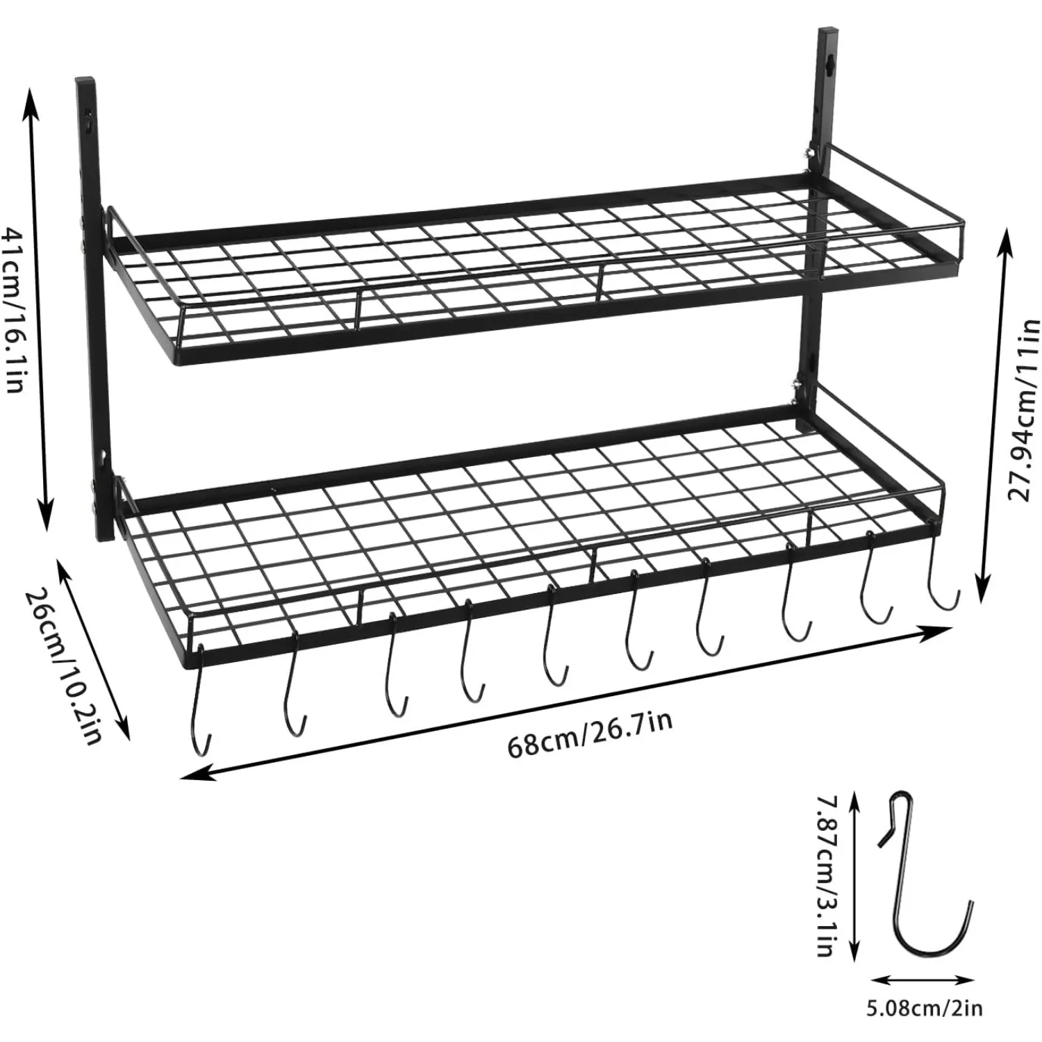 رف أوعية معلق بطبقتين، رف أوعية مثبت على الحائط مع 10 خطافات، رف تخزين المطبخ، رف معلق مثبت لتخزين المطبخ أ