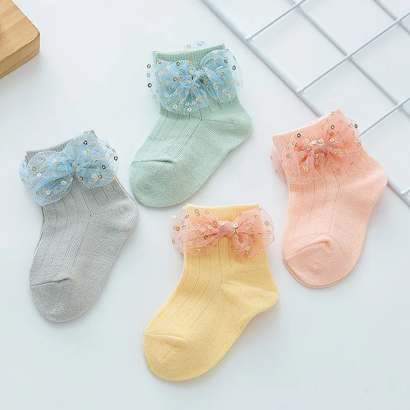 Baby Lace Socks Solid Color Sequins Bow Tie Girls' Princess Sock 2024 New Baby Cotton Sock Spring Summer Girls' Socks  Newborn