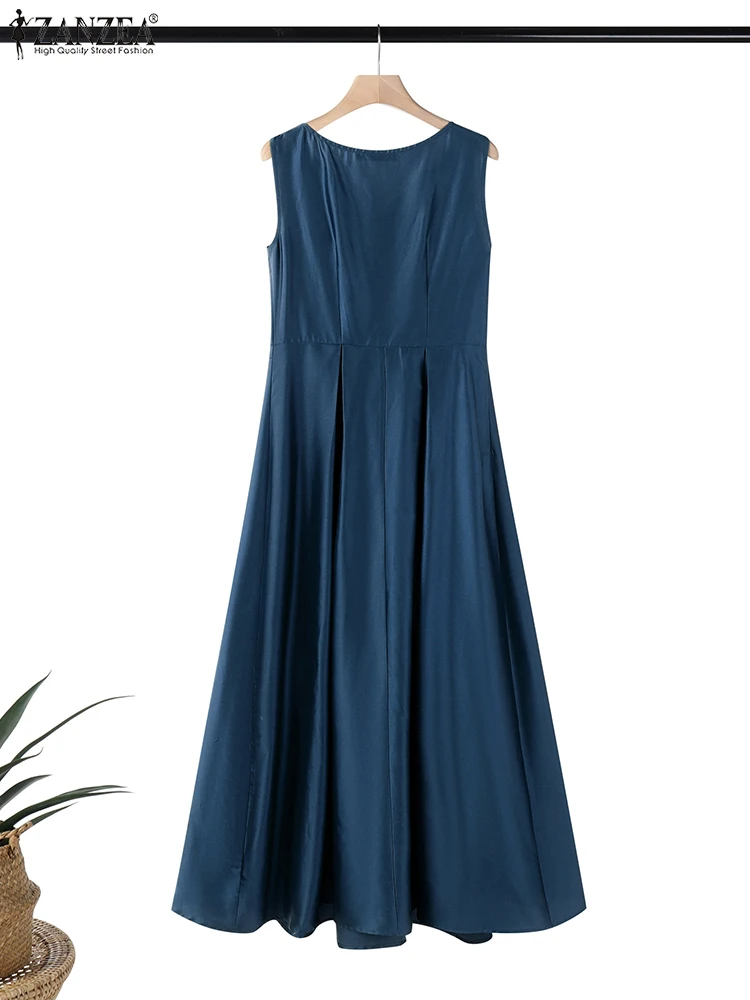ZANZEA Fashion Boat Neck A-line Maxi Dresses Women Elegant Pleated Bow Detail Sundress Fitted Waist Sleeveless Party Robes Femme