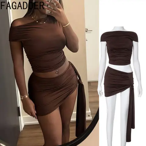 FAGADOER-Ensemble deux pièces sexy pour femme, haut court dos nu et mini jupe plissée, vêtement féminin, nouvelle collection printemps