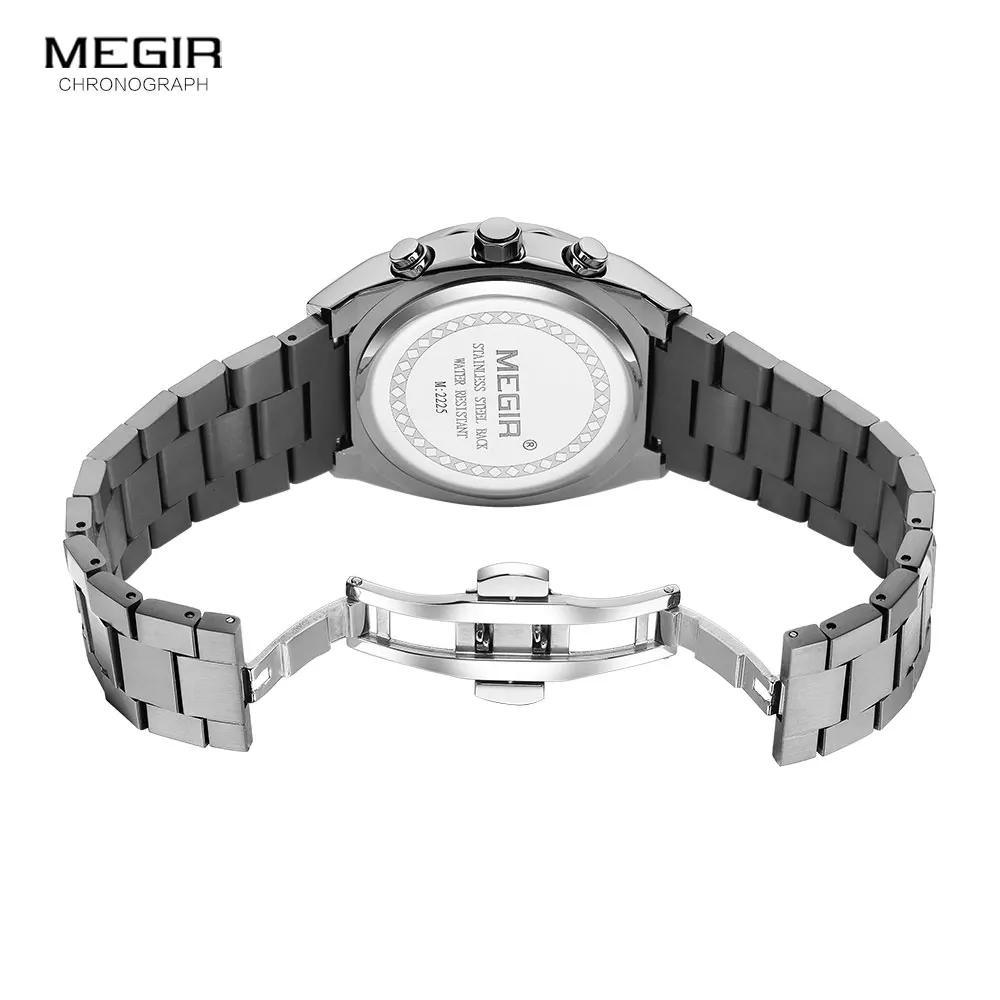 MEGIR Gray Sport Quartz Watch for Men Luxury Luminous Waterproof Metal Wristwatch with Stainless Steel Strap Date Chronograph