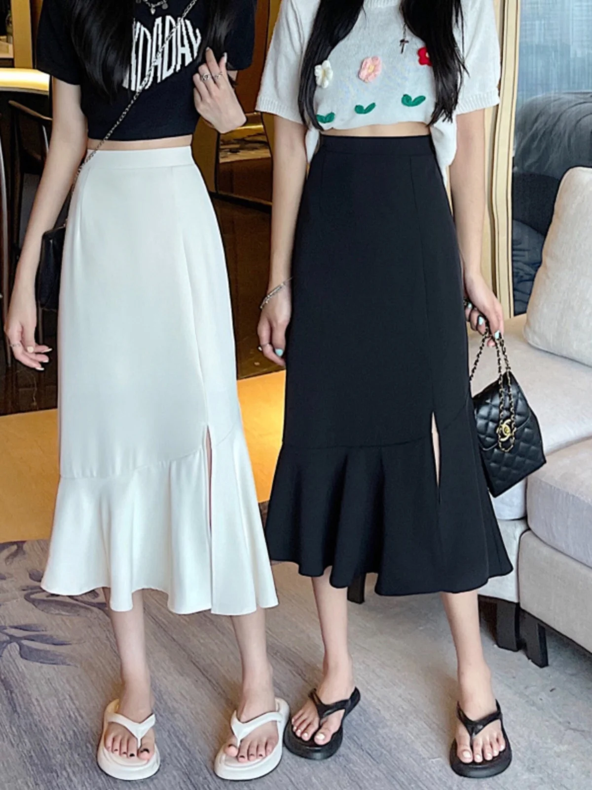 

High Waist Fi Tail f Skirt Women's Summer 2025 Slimming Split Midi Skirt Lace A-Line Skirt Trendy INS Pure Color Versatile