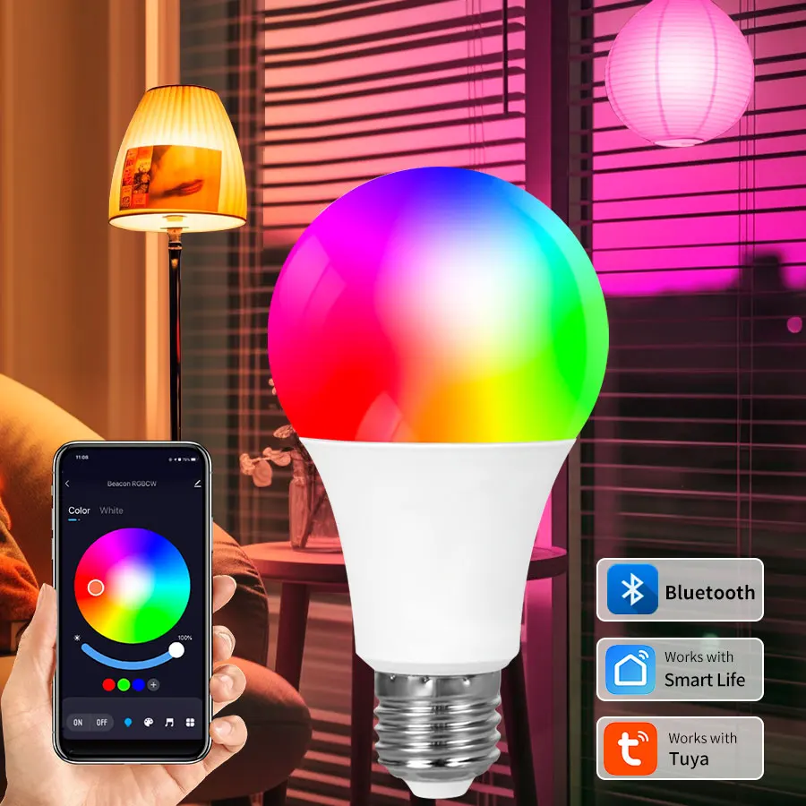 Tuya-bombilla LED inteligente con Bluetooth, lámpara con temporizador regulable, Control por aplicación, decoración del hogar y dormitorio, CA de