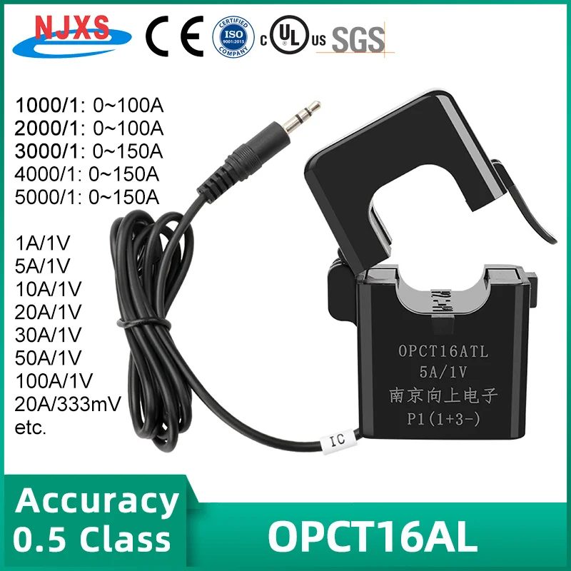 NJXSE OPCT16AL Clamp CT 1000/1 2000/1 3000/1 CT AC 5A 10A 30A 50A 100A 150A / 50mA 1V 3.5mm Jack Split Core Current Transformer