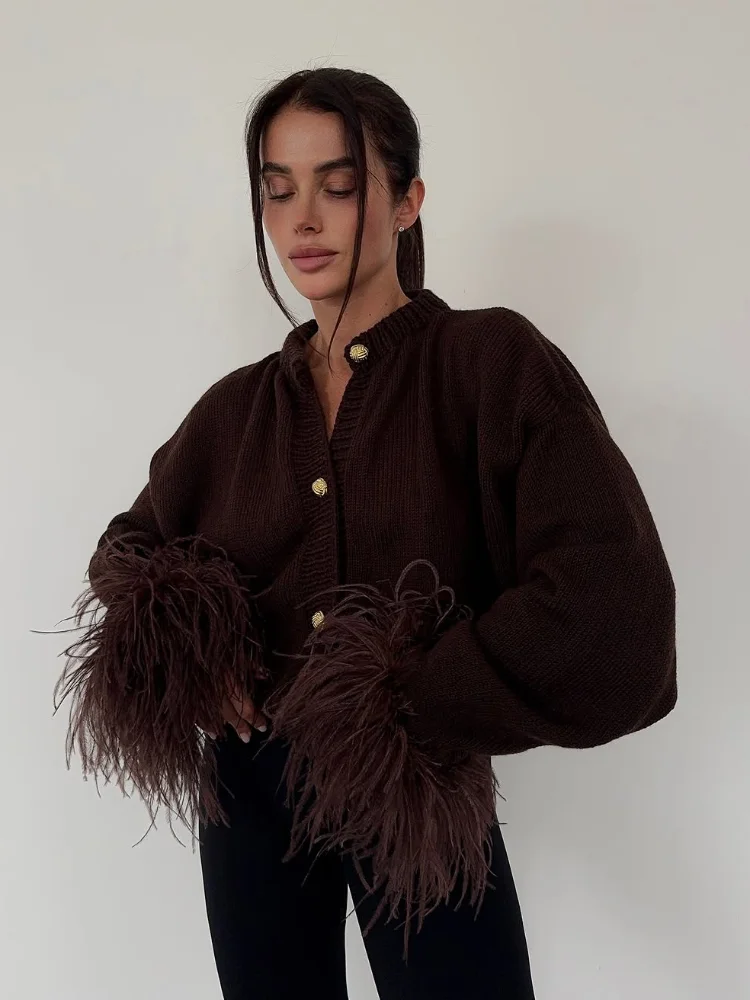 

Feather Patchwork Knitted Cardigan Women Chic O-neck Long Sleeve Single-breasted Short Sweater 2025 Lady High Street Knitwear ﻿