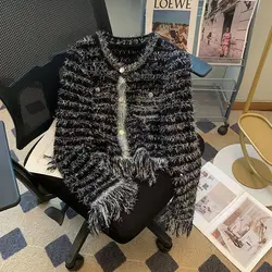 Ubrania dla kobiet stylowy luksusowy jasny jedwab elegancki elegancki sweter z dzianiny Vintage frędzle słodki sweter z długim rękawem odzież wierzchnia