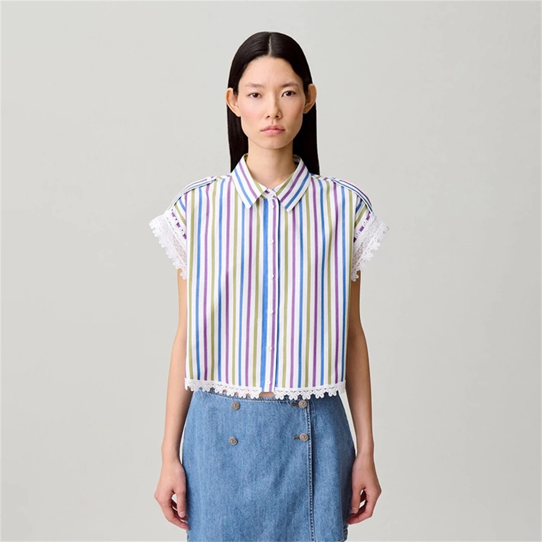 

Rainbow Stripes Lace Trim Shirt Paris CP Sleeveless Small Collar Spring 2026 Cotton Breathable Short Sleeve French Style Wome...