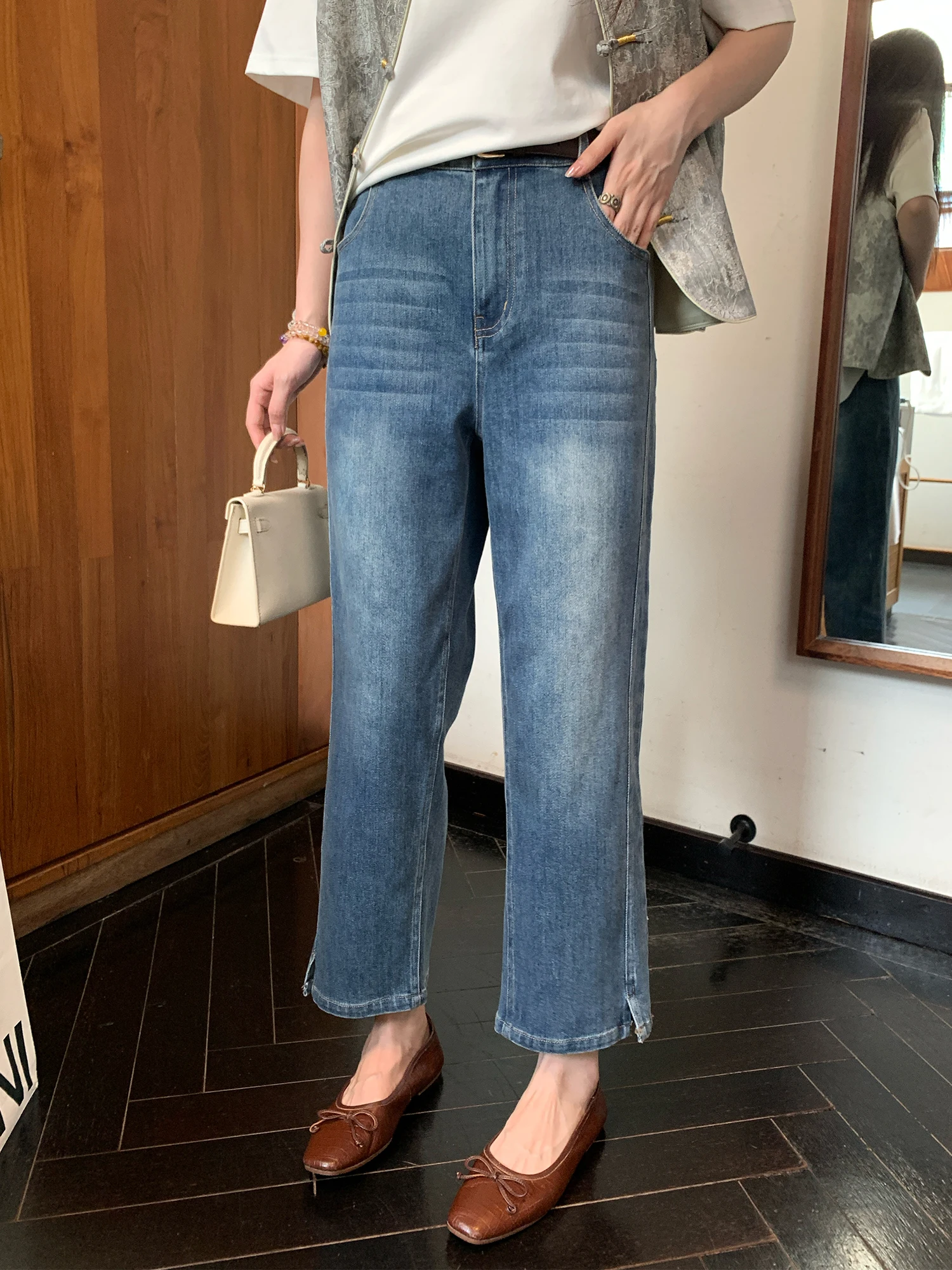 

Джинсы женские NAZ с высокой талией, прямые, модные, в стиле ретро, стройнящие, больших размеров, осенние, повседневные, комфортные, свободного кроя