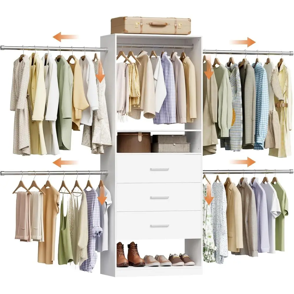 

4-10ft Walk-in Closet Organizer with 3 Wooden Drawers, Adjustable Hanging Rods, White
