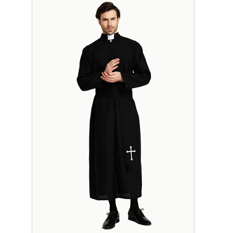 Black Noble Priest Costume Men Religious Pastor Father Costumes Purim Party Mardi Gras Fancy Halloween Cosplay Dress