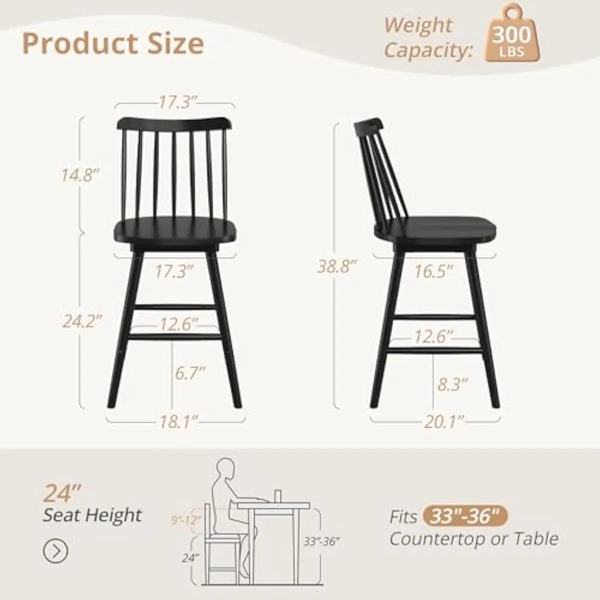 360-degree rotating bar stools set of three in matte black finish with spindle-back Windsor design—farmhouse-style counter-heigh