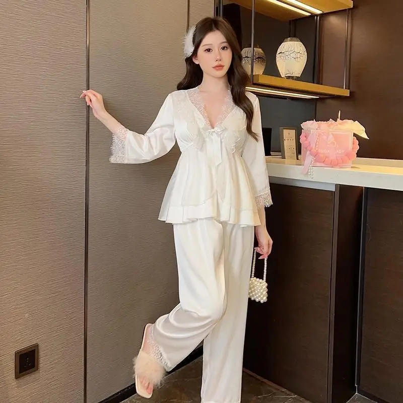 New Style of Sleepwear with Lace and Pure Desire for Style Sexy Lace Sleepwear Long Pants Home Wear Two-piece Set Trendy