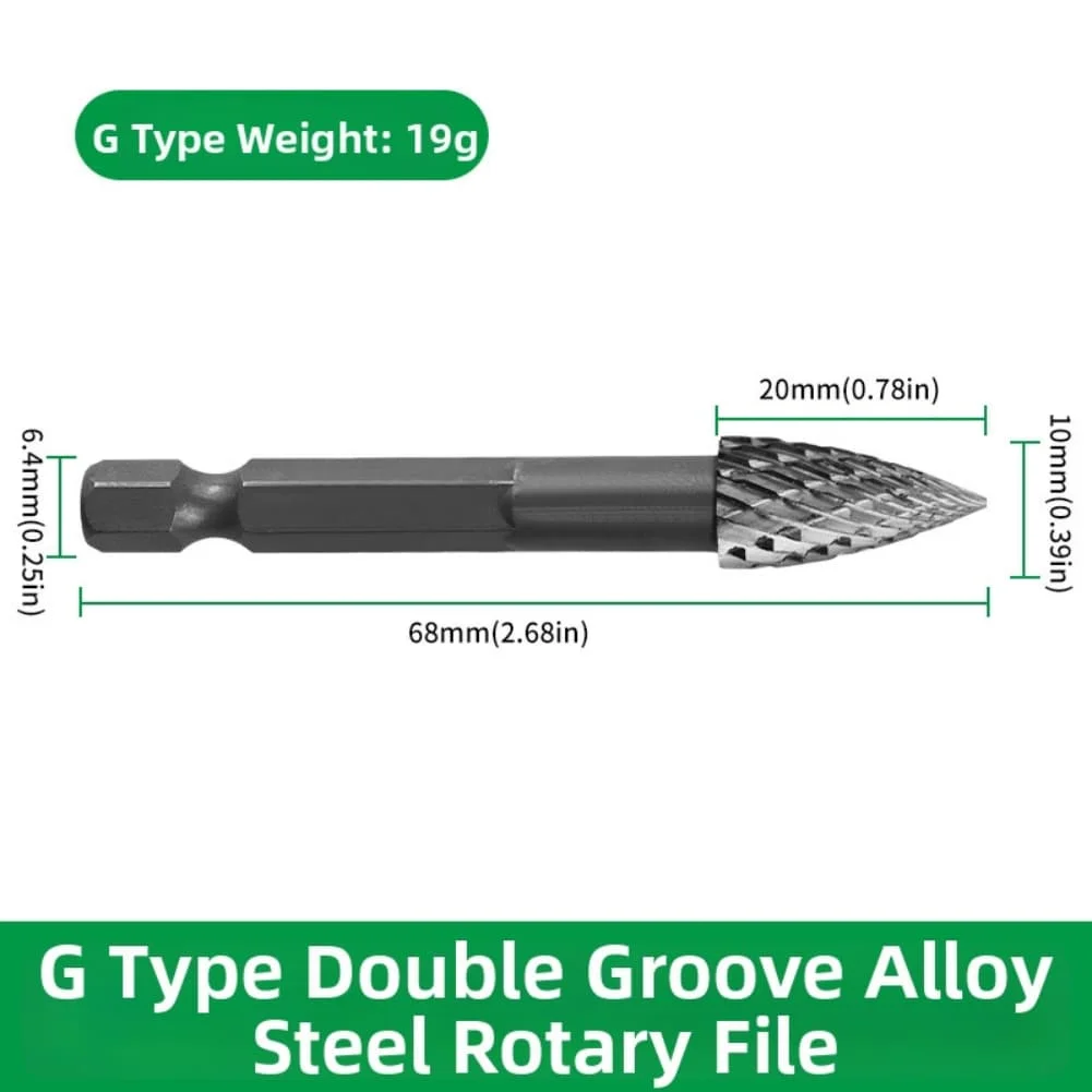 Alloy Steel Rotary Burr Set for Metal Wood Plastic Includes Flat End Round End and Pointed Files with Hex Shank Design