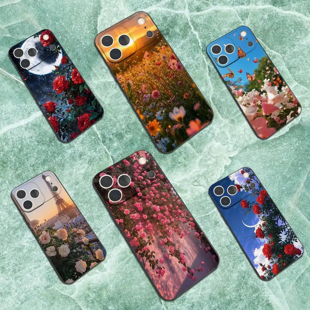 

Cute Art Painting Flower Phone Case For iPhone 17,16,15,14,13,12,11 Plus,Pro Max,XS,X,XR,SE,Mini,8,7,Soft Silicone Black Cover