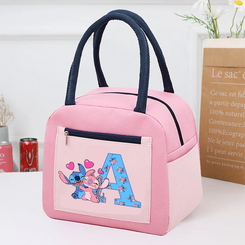 Stitch Disney Lunch Pack Insulated Bags Lunch Boxes Cartoon Anime Letter A-Z Zipper Thickened Watertight Handbag Birthday Gifts