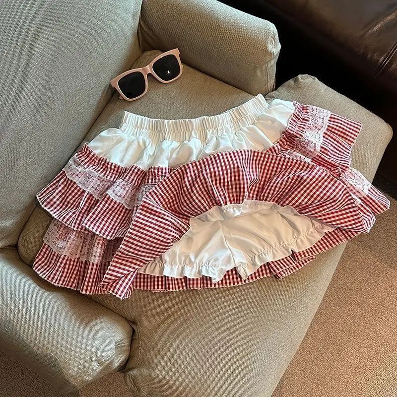 Verão feminino novo tamanho pequeno cintura alta emagrecimento anti-luz a-line mini saia doce renda xadrez inchado bolo saia 2000s chique novo