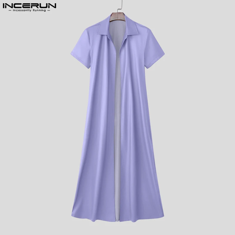 

INCERUN Men Long Style Trench Solid Color Lapel Short Sleeve Male Cardigan Streetwear PU Leather Casual Male Windbreaker Coats