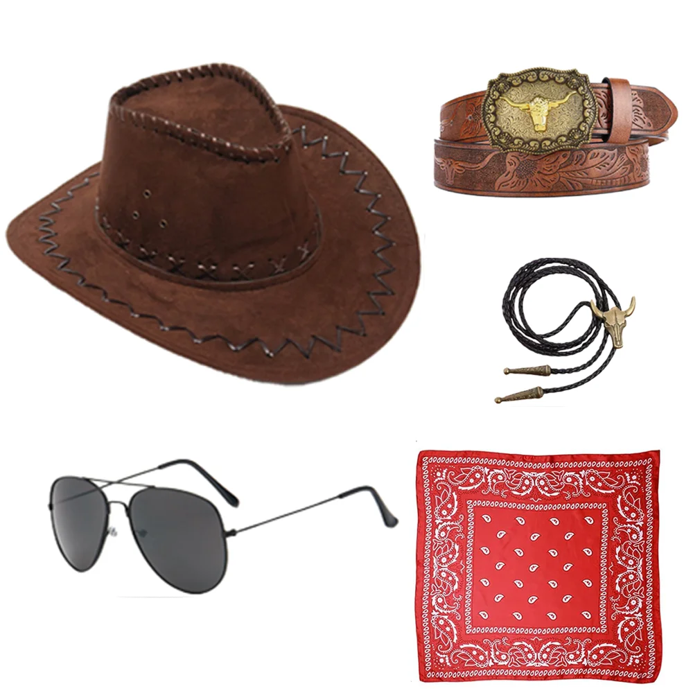 

PESENAR Western cowboy costume Accessories Set Cowboy hat Handkerchief pin denim kit Halloween party dress up