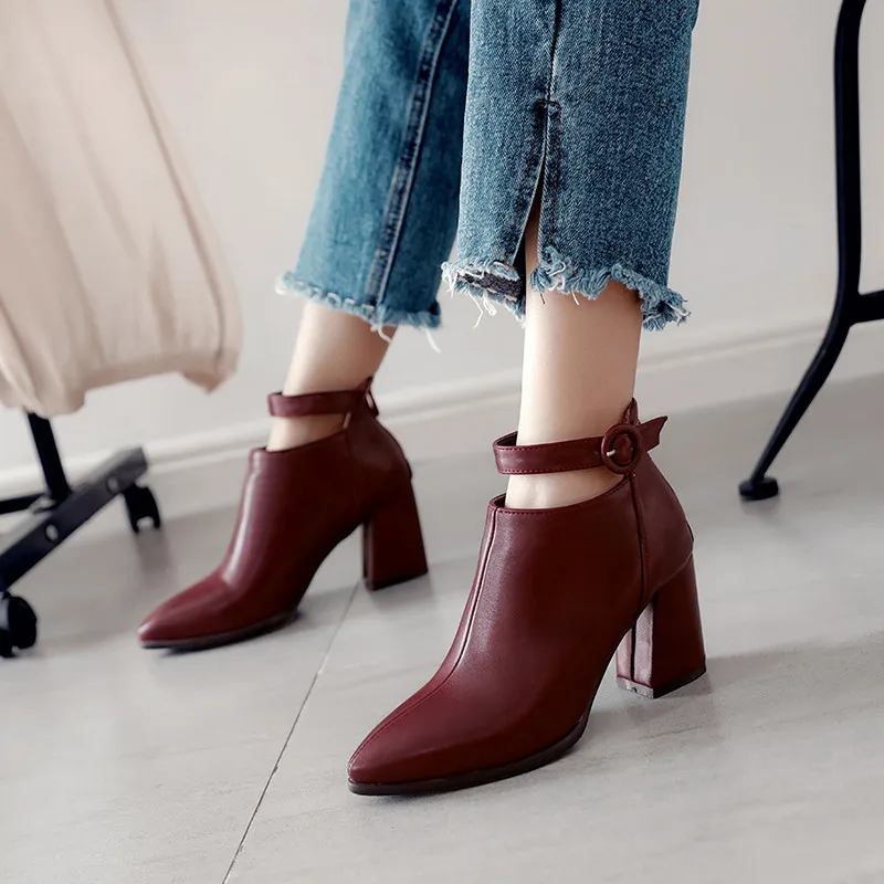 

YMECHIC Fashion Retro Pointed Toe Ankle Buckle Womens Short Boots Wine Red Black Zipper Block High Heel Shoes Winter Autumn 2023