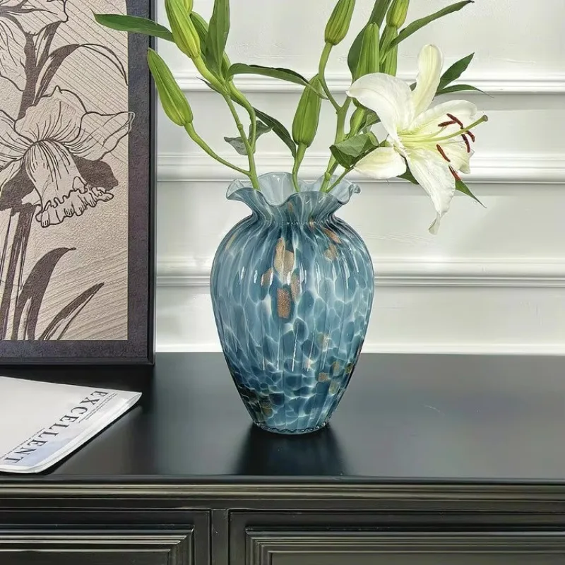 Medieval Peacock Blue Glass Vase Light Luxury High Sense Retro Glazed Living Room Flower Arrangement Home Decoration