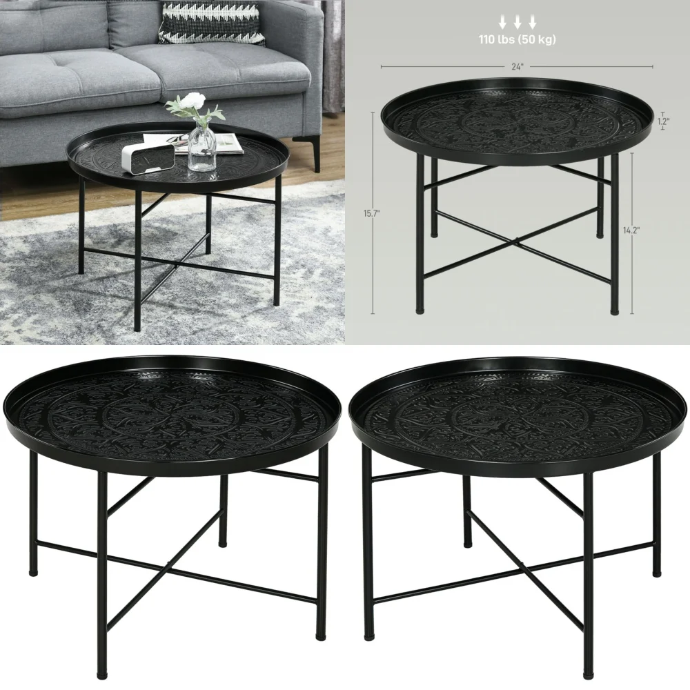 طاولة قهوة مستديرة مقاس 24 بوصة مع صينية مطروقة وإطار معدني قوي باللون الأسود