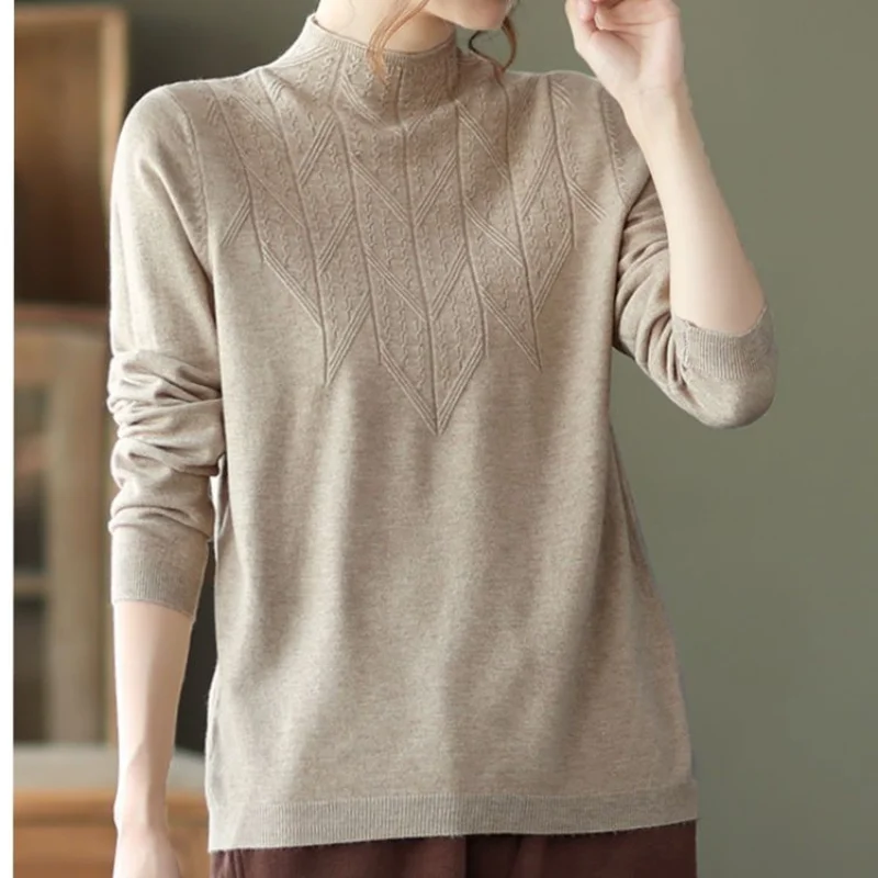 Autumn and Winter Fashion New Temperament Women's Clothing Half High Neck Long Sleeve Solid Color Commuting Versatile Pullover