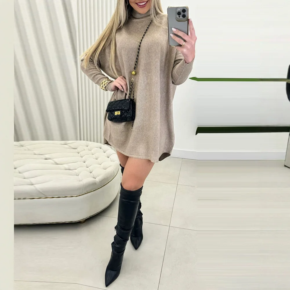 

Mini Sweater Women Dresses Fashion High Neck Batwing Sleeve Knitted Casual Plain Long Sleeve Daily Tops Dress 2024 Spring New