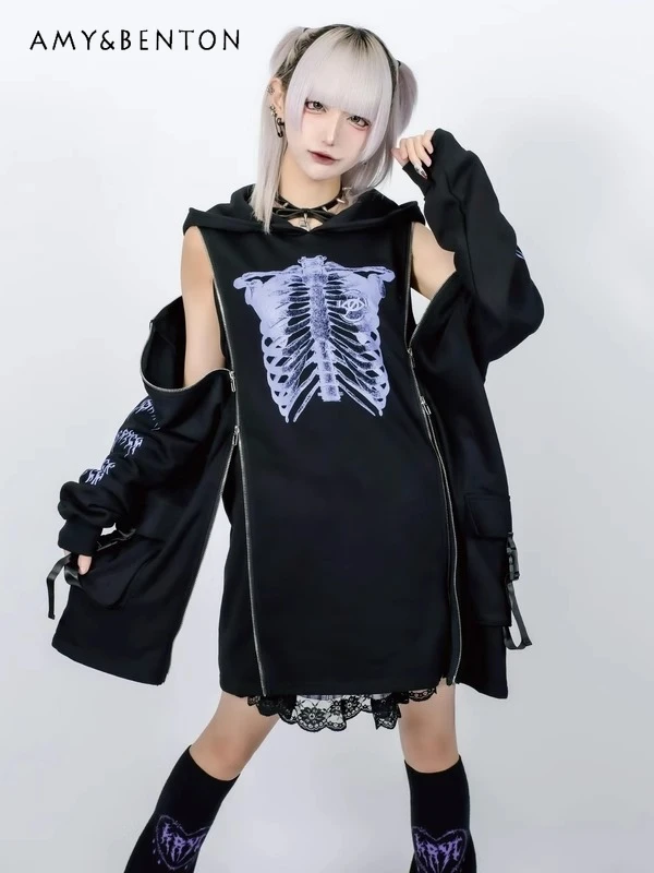 

Japanese Harajuku Style Dark Girl Gothic Print Loose Hoodies Women Mine Series Mass Production Subculture Oversized Anime Hoodie