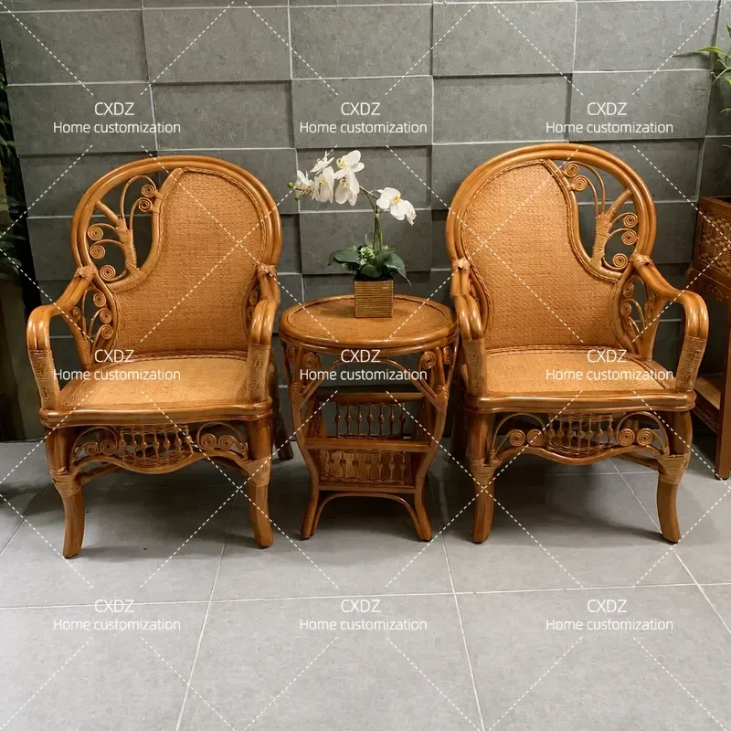 Natural Rattan Chair and Table Set 3 Piece Coffee Table with Backrest Chair Leisure Balcony Furniture 5 Piece Tea Table Set